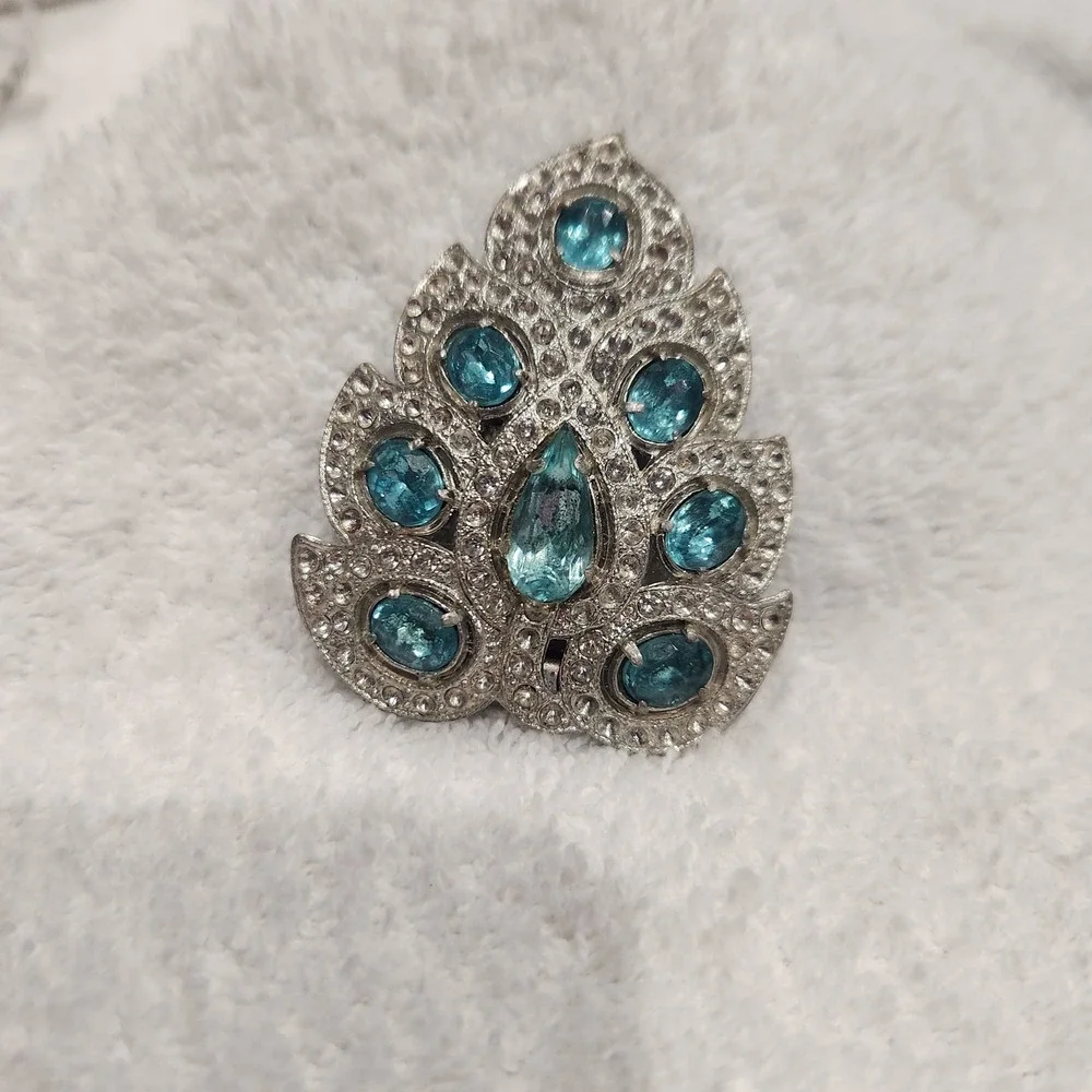 Vtg Silver‎ Tone Teal Blue Rhinestone Peacock Feather Dress Fur Clip pot metal